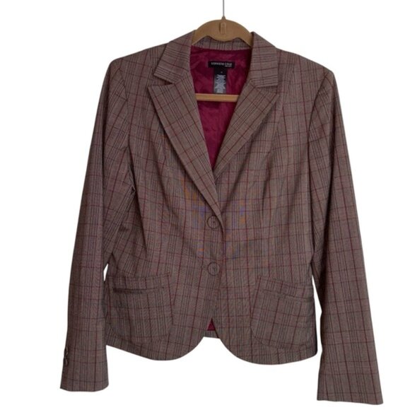 Kenneth Cole Women's Size 12 Plaid Blazer Brown Button Front Pockets Lined Short - Picture 1 of 10